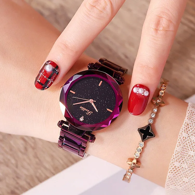 Women's Watch diamond black starry sky dial stainless steel strap elegant watch