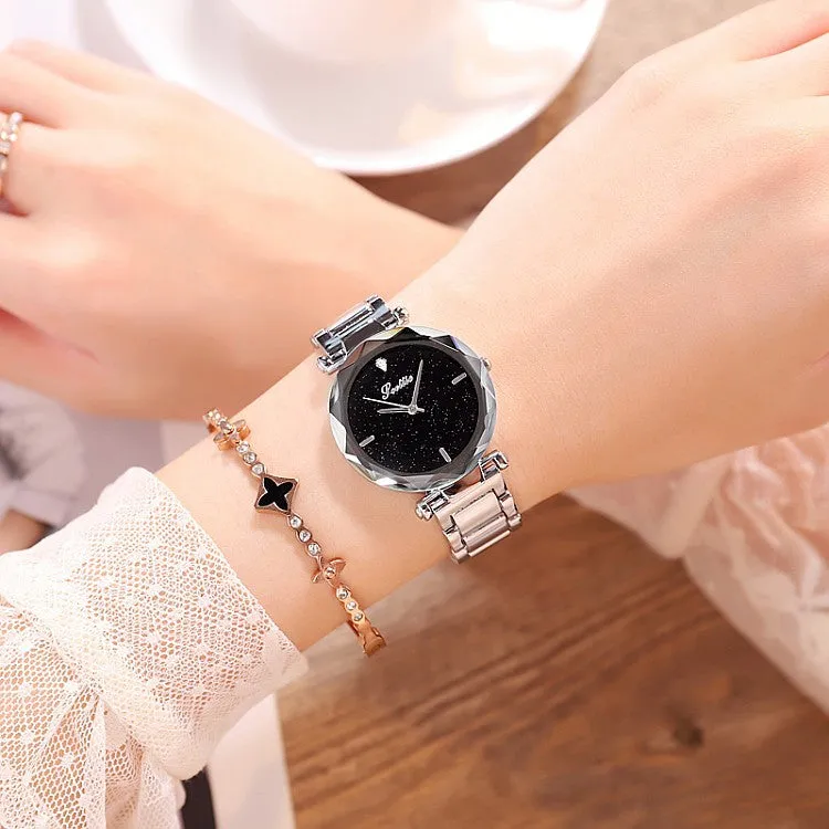 Women's Watch diamond black starry sky dial stainless steel strap elegant watch