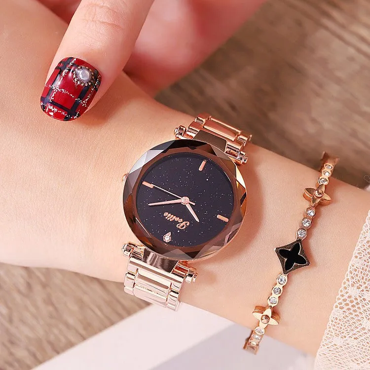 Women's Watch diamond black starry sky dial stainless steel strap elegant watch