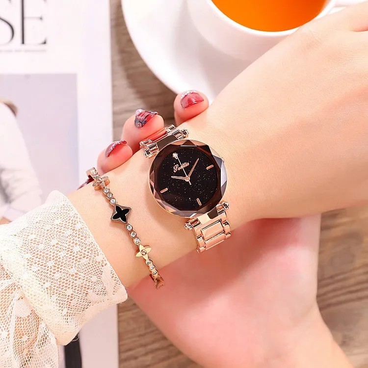 Women's Watch diamond black starry sky dial stainless steel strap elegant watch