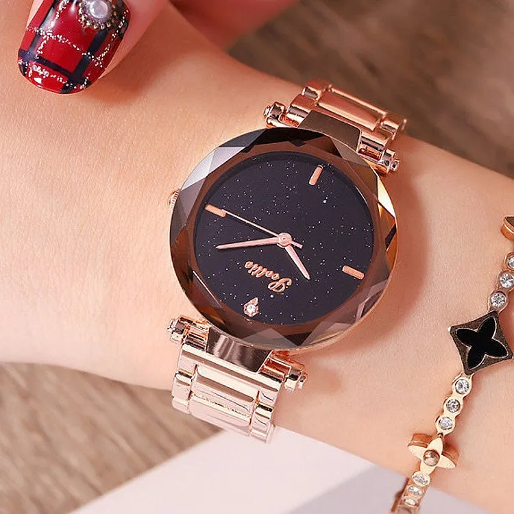 Women's Watch diamond black starry sky dial stainless steel strap elegant watch
