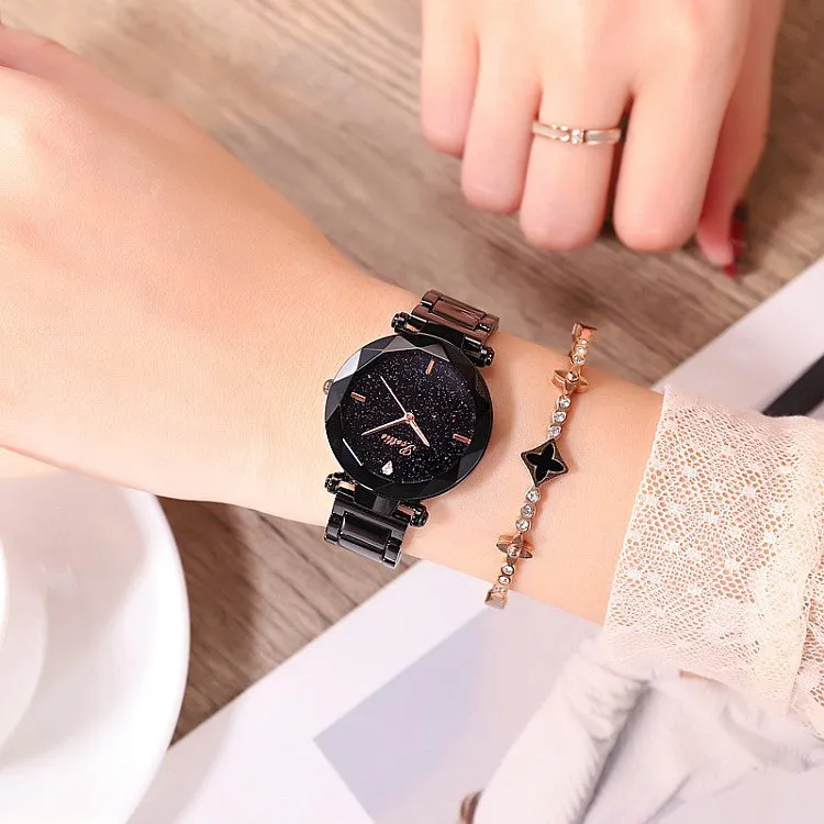 Women's Watch diamond black starry sky dial stainless steel strap elegant watch
