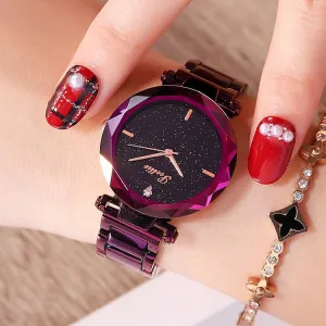 Women's Watch diamond black starry sky dial stainless steel strap elegant watch