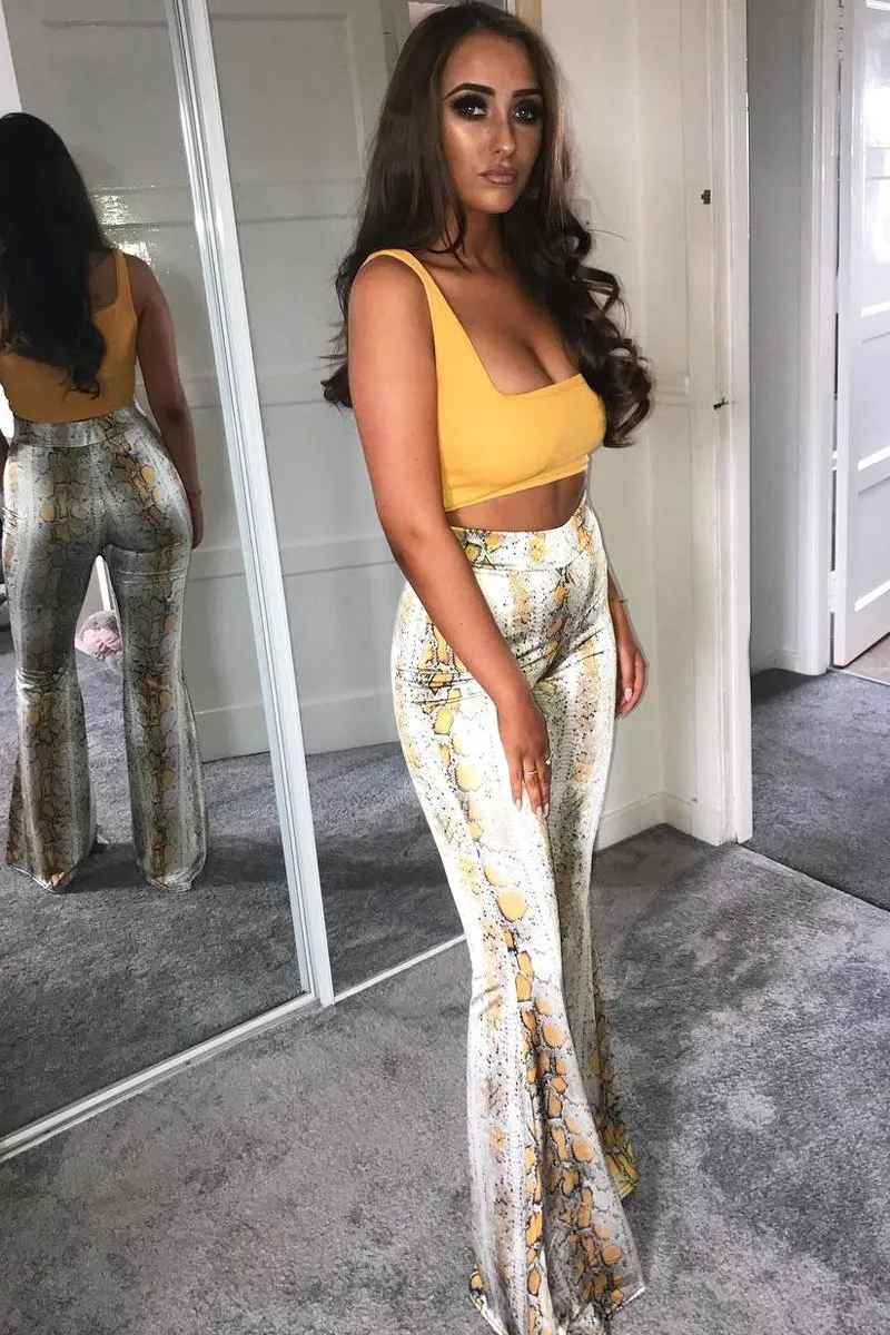 Yellow Snake Print High Waisted Flared Trousers - Kamryn