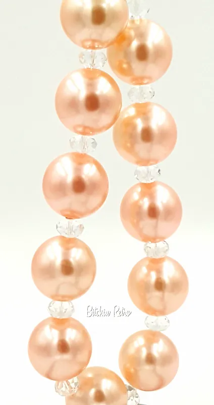 You and I Vintage Necklace with Peach Pearlized Beads and Rhinestones