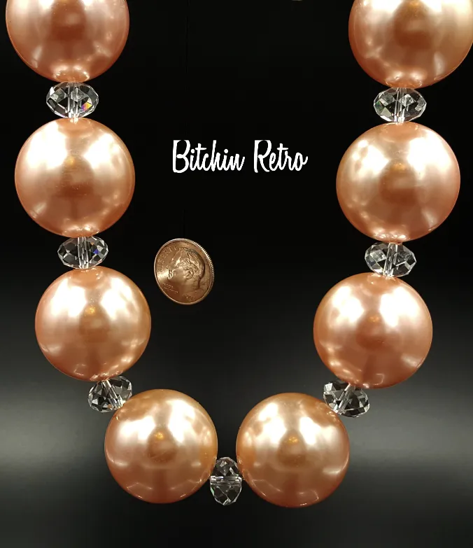 You and I Vintage Necklace with Peach Pearlized Beads and Rhinestones