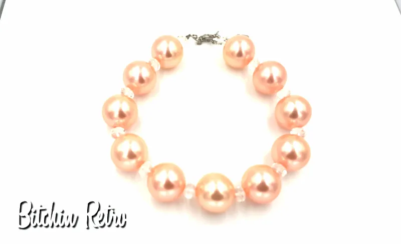 You and I Vintage Necklace with Peach Pearlized Beads and Rhinestones