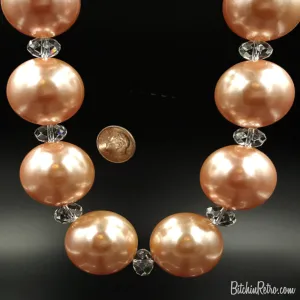 You and I Vintage Necklace with Peach Pearlized Beads and Rhinestones