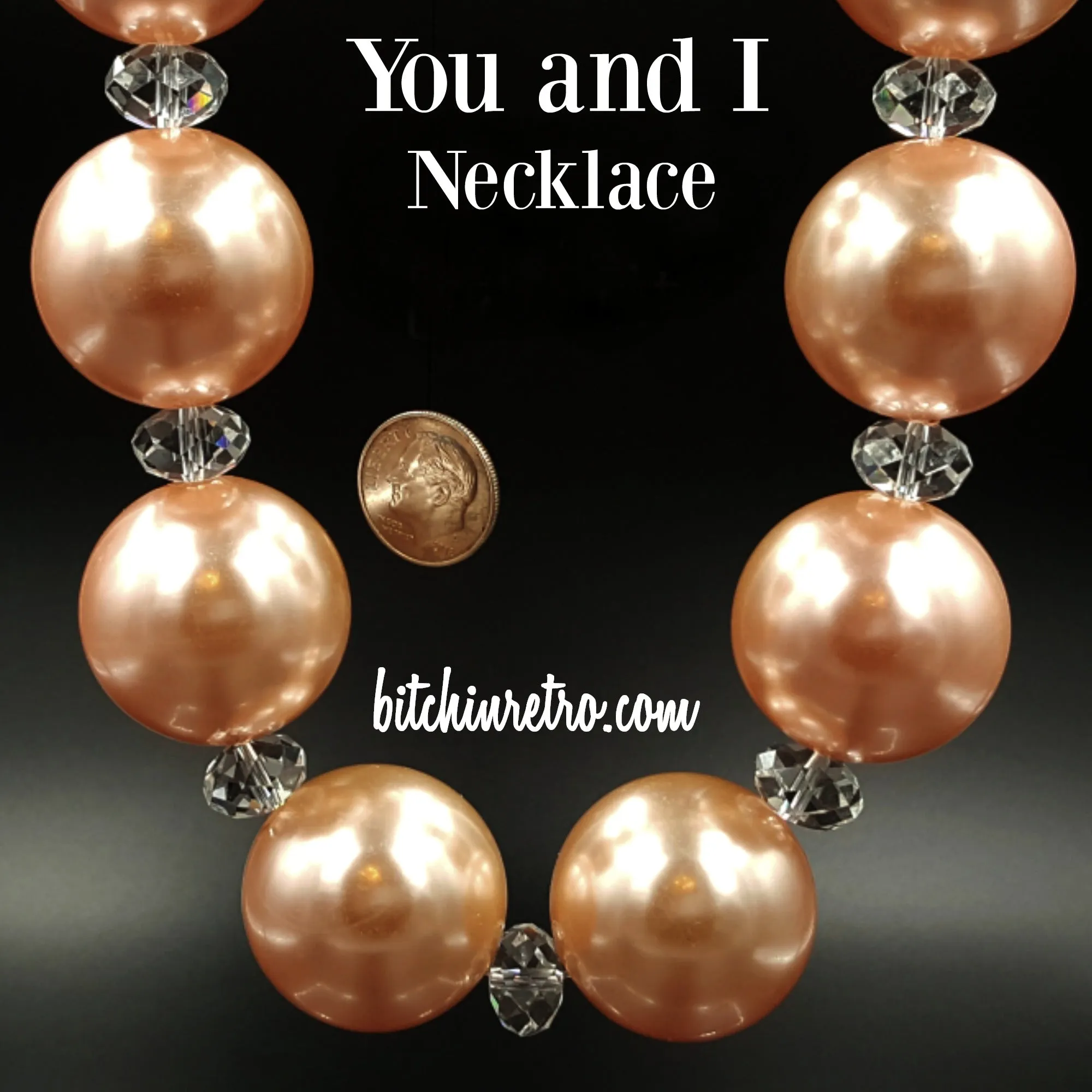 You and I Vintage Necklace with Peach Pearlized Beads and Rhinestones