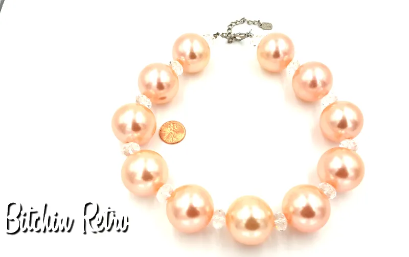 You and I Vintage Necklace with Peach Pearlized Beads and Rhinestones